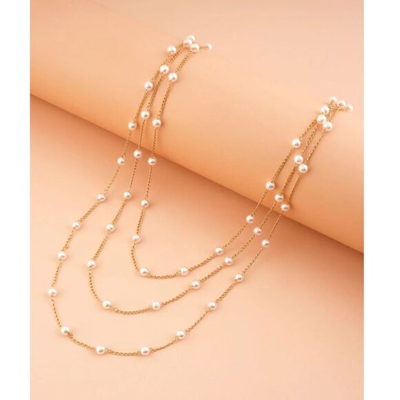 1pc Layered Pearl Station Necklace Gold Chain 3 Strand Classic Timeless Dainty - Picture 2 of 3